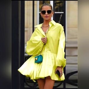 Gold Pleated Ruffled Dress with Long Bishop Sleeves for Night Out